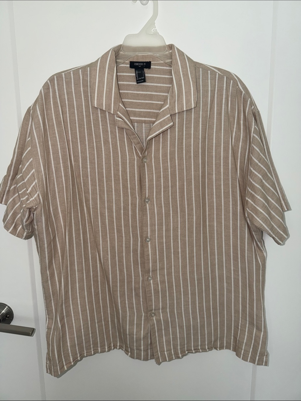 Forever 21 Tan and White Vertical Stripe Short Sleeve Button-Down
